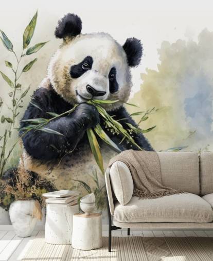 Watercolor Panda Munching on Bamboo Wallpaper Mural