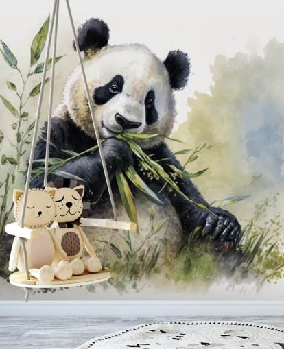 Tapeten-Wandbild „Panda kaut auf Bambus“ in Wasserfarben