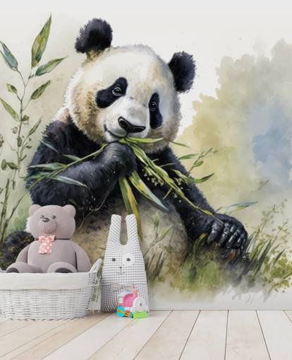 Mural de papel de parede em aquarela Panda mastigando em bambu