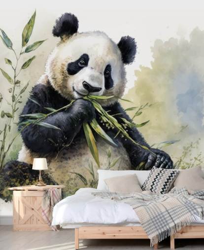 Akvarell Panda gumching on Bamboo Tapet Veggmaleri