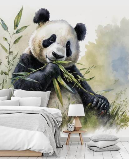 Carta da parati murale ad acquerello con panda che sgranocchiava sul bambù