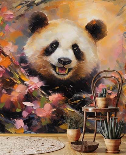 Colourful Illustration of a Panda in a Flower Blossom Wallpaper