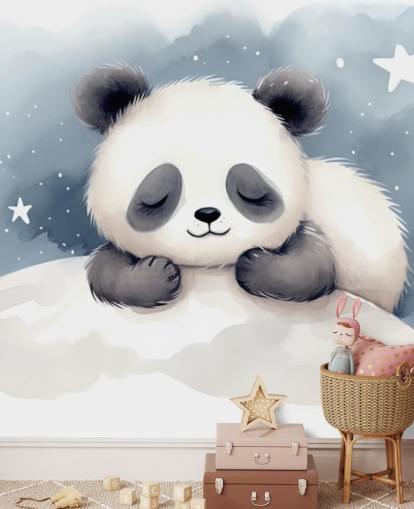 søvnig panda sødt tapet vægmaleri til børnehave