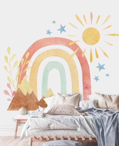 boho rainbow and mountain watercolor wallpaper wall mural for kids bedroom