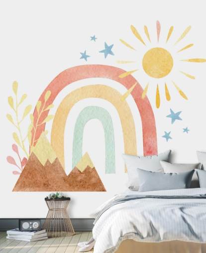 boho rainbow and mountain watercolor wallpaper wall mural for kids bedroom
