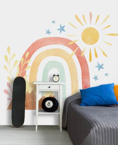 boho rainbow and mountain watercolor wallpaper wall mural for kids bedroom