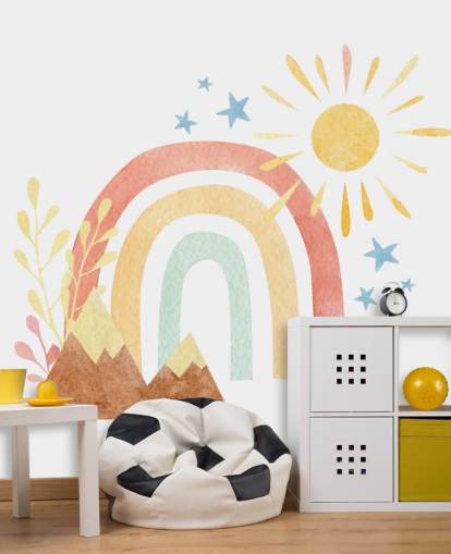 mural de pared de acuarela boho con arcoíris y montañas para dormitorio infantil