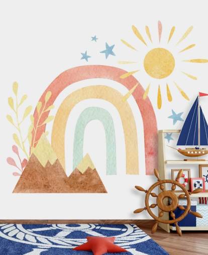 Carta da parati murale boho arcobaleno e montagna ad acquerello per la camera dei bambini Carta da parati murale boho arcobaleno e montagna ad acquerello per la camera dei bambini