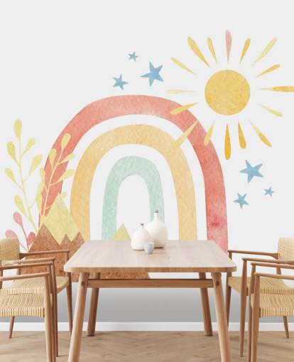 boho rainbow and mountain watercolour wallpaper wall mural for kids bedroom
