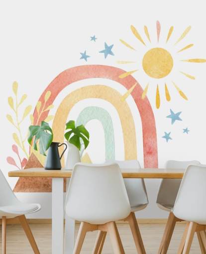 boho rainbow and mountain watercolour wallpaper wall mural for kids bedroom