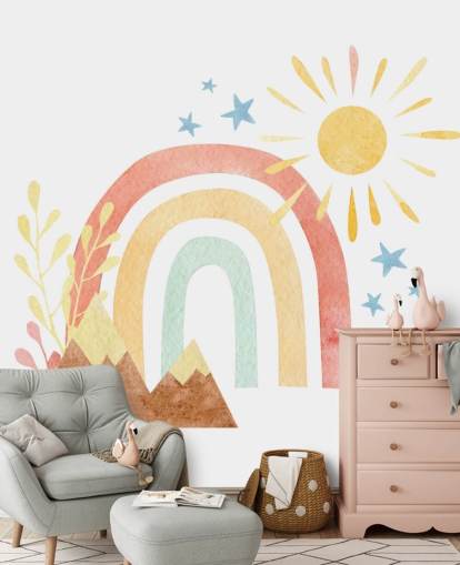 Boho-Wandbild mit Regenbogen- und Berg-Aquarell-Tapete für Kinderzimmer