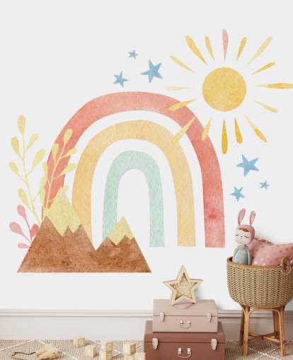 Carta da parati murale boho arcobaleno e montagna ad acquerello per la camera dei bambini