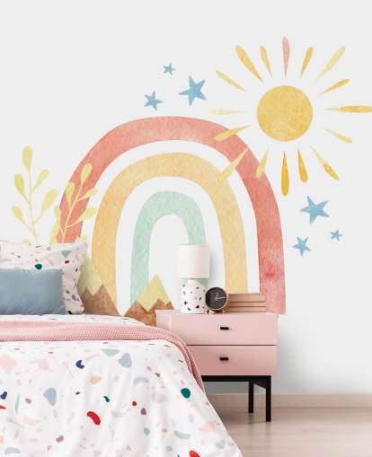 Boho-Wandbild mit Regenbogen- und Berg-Aquarell-Tapete für Kinderzimmer