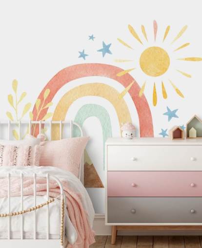 boho rainbow and mountain watercolor wallpaper wall mural for kids bedroom