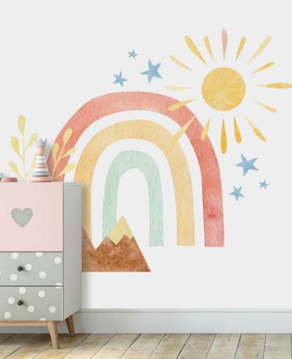 mural de pared de acuarela boho con arcoíris y montañas para dormitorio infantil mural de pared de acuarela boho con arcoíris y montañas para dormitorio infantil