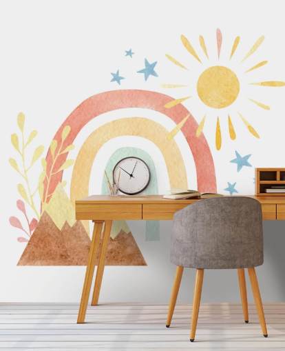 boho rainbow and mountain watercolour wallpaper wall mural for kids bedroom
