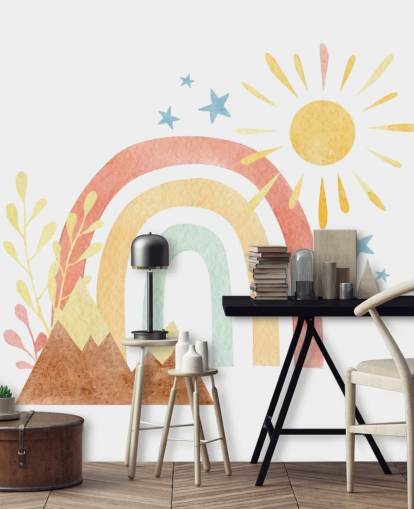 boho rainbow and mountain watercolor wallpaper wall mural for kids bedroom