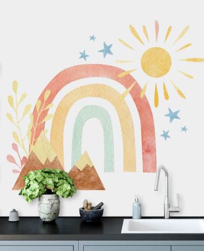 boho rainbow and mountain watercolour wallpaper wall mural for kids bedroom