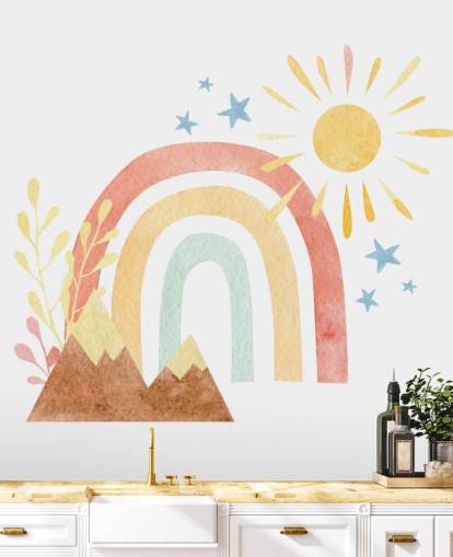 boho rainbow and mountain watercolor wallpaper wall mural for kids bedroom