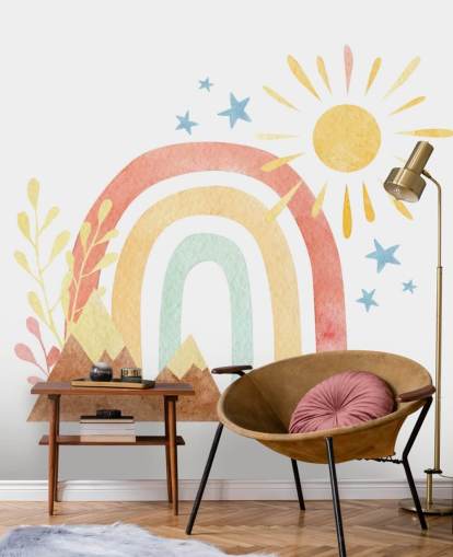 boho rainbow and mountain watercolor wallpaper wall mural for kids bedroom