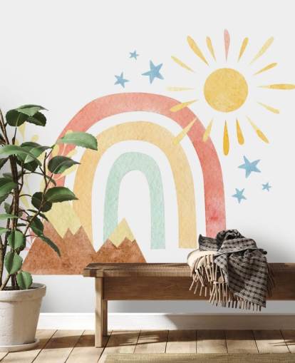Carta da parati murale boho arcobaleno e montagna ad acquerello per la camera dei bambini