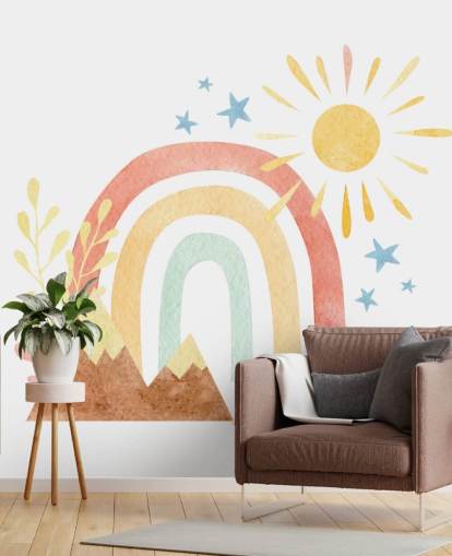 boho rainbow and mountain watercolour wallpaper wall mural for kids bedroom