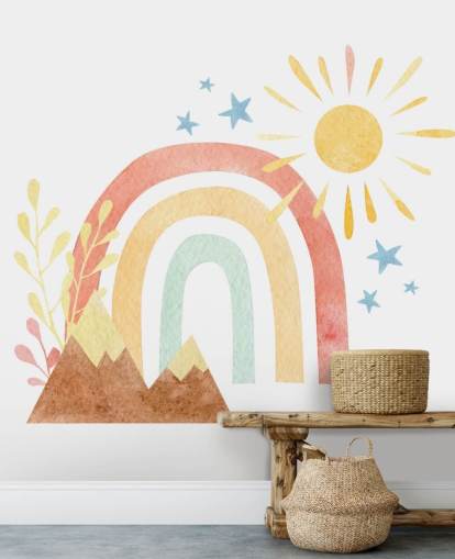 boho rainbow and mountain watercolour wallpaper wall mural for kids bedroom