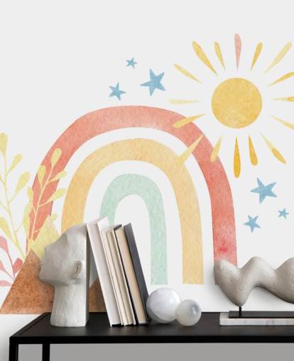 boho rainbow and mountain watercolor wallpaper wall mural for kids bedroom
