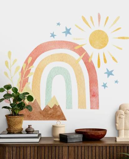 boho rainbow and mountain watercolor wallpaper wall mural for kids bedroom