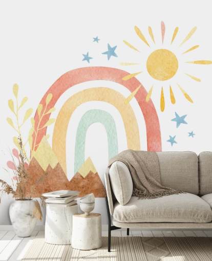 mural de pared de acuarela boho con arcoíris y montañas para dormitorio infantil