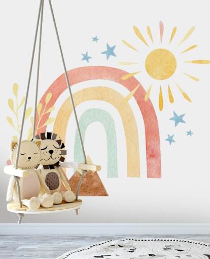 Carta da parati murale boho arcobaleno e montagna ad acquerello per la camera dei bambini Carta da parati murale boho arcobaleno e montagna ad acquerello per la camera dei bambini