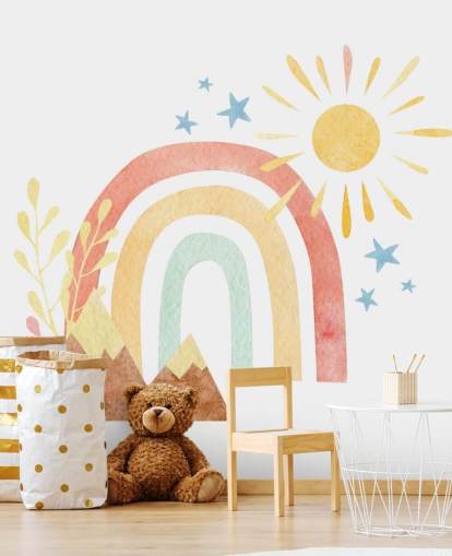 mural de pared de acuarela boho con arcoíris y montañas para dormitorio infantil
