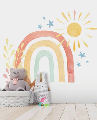 Boho-Wandbild mit Regenbogen- und Berg-Aquarell-Tapete für Kinderzimmer