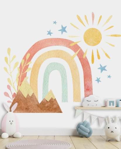 papier peint aquarelle boho arc-en-ciel et montagne pour chambre d'enfant