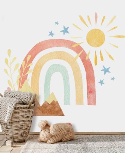 papier peint aquarelle boho arc-en-ciel et montagne pour chambre d'enfant
