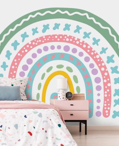 Färgglada Boho Rainbow Mural Bakgrund för flickors sovrum Färgglada Boho Rainbow Mural Bakgrund för flickors sovrum