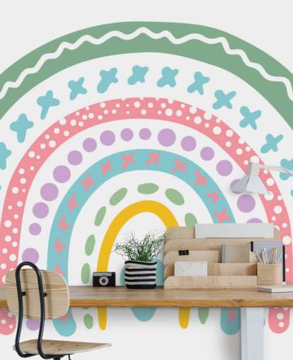 Färgglada Boho Rainbow Mural Bakgrund för flickors sovrum