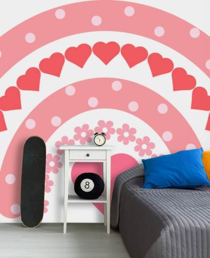 Rosafarbenes Boho-Regenbogen-Tapeten-Wandbild mit Herzen