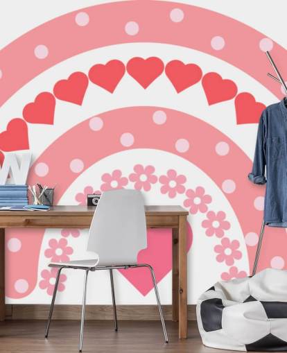 Rosafarbenes Boho-Regenbogen-Tapeten-Wandbild mit Herzen