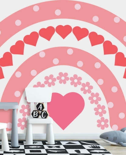 Mural de papel de parede Pink Boho Rainbow com corações Mural de papel de parede Pink Boho Rainbow com corações