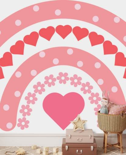 Pink Boho Rainbow Tapetvægmaleri med hjerter