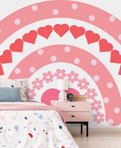 Rosa Boho Rainbow tapet veggmaleri med hjerter Rosa Boho Rainbow tapet veggmaleri med hjerter