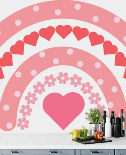 Pink Boho Rainbow Wallpaper Mural with hearts