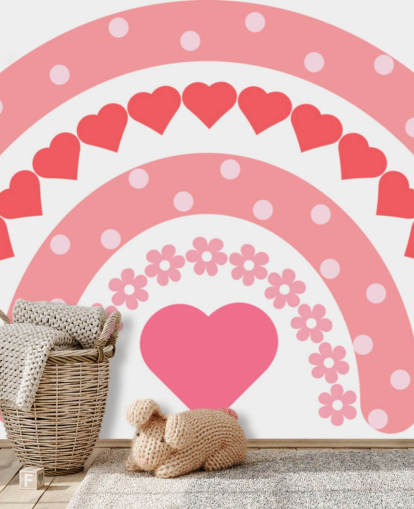 Carta da parati murale Pink Boho Rainbow con cuori