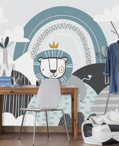 lindo mural de papel de parede do rei leão em azul no berçário