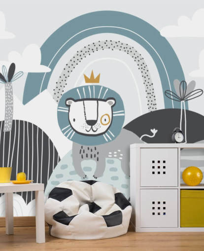 cute lion king wallpaper mural in blue in nursery