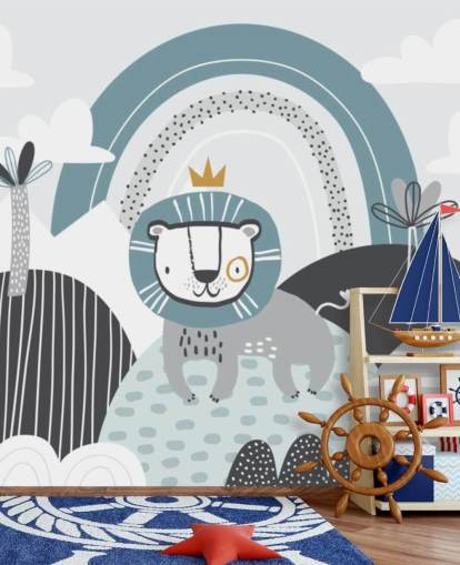 lindo mural de papel de parede do rei leão em azul no berçário