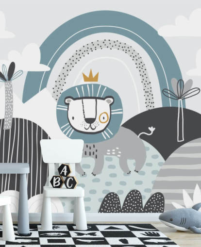 carta da parati murale con simpatico re leone in blu nella stanza dei bambini