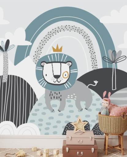 cute lion king wallpaper mural in blue in nursery