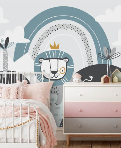 cute lion king wallpaper mural in blue in nursery